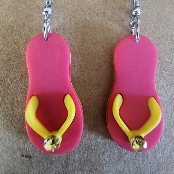 Pink and Yellow Flip-Flop Stainless Steel Fishhook Earrings - Picture 2 of 5